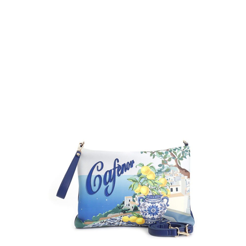 Pochette con stampa, manigliotto e tracolla removibile