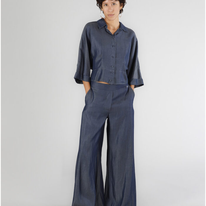 Pantaloni palazzo in tencel denim indaco