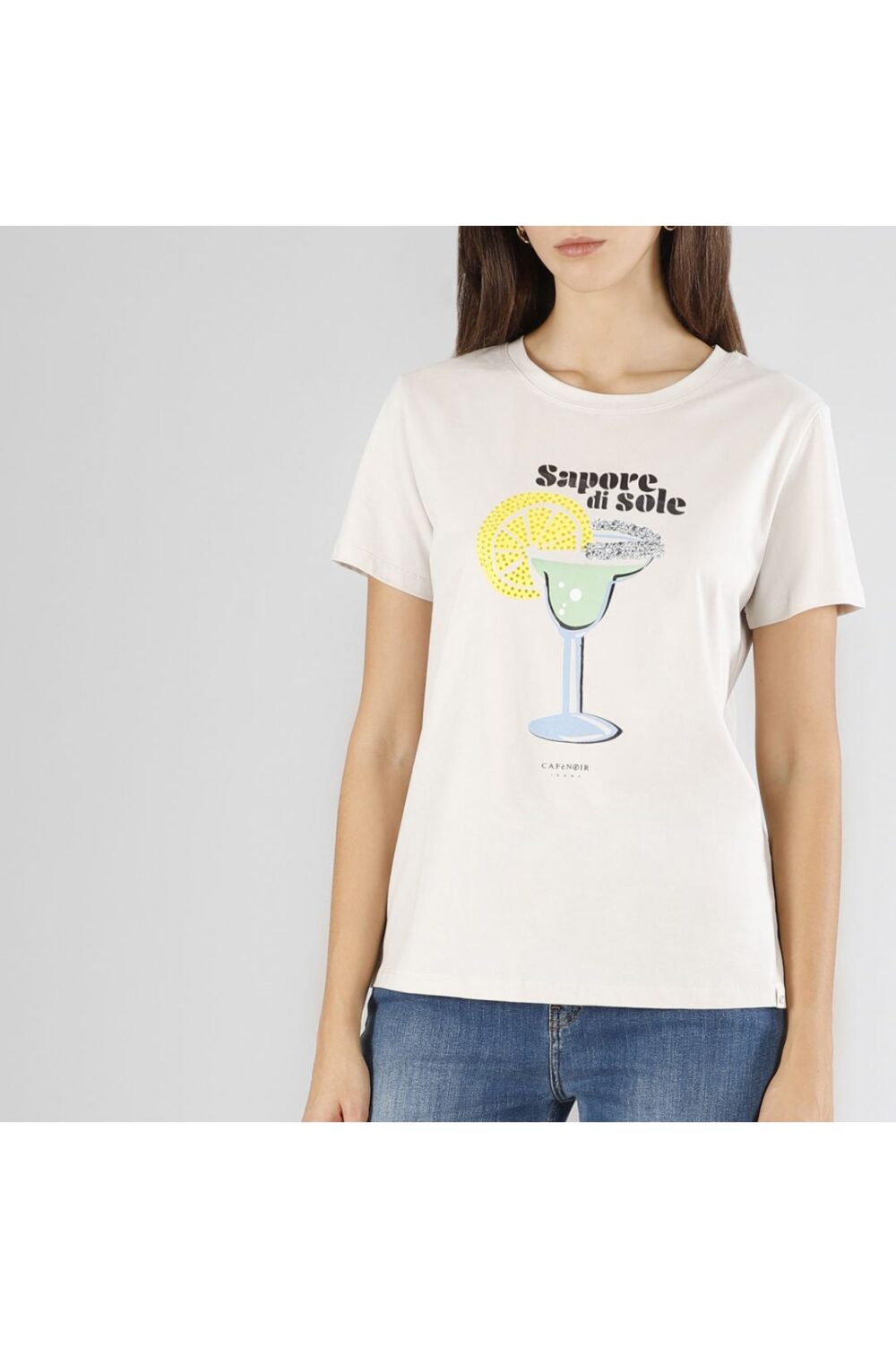 T-shirt con scritta "sapore di sole" e stampa gesso