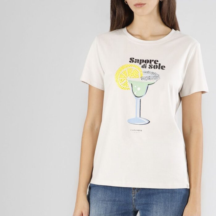 T-shirt con scritta "sapore di sole" e stampa gesso