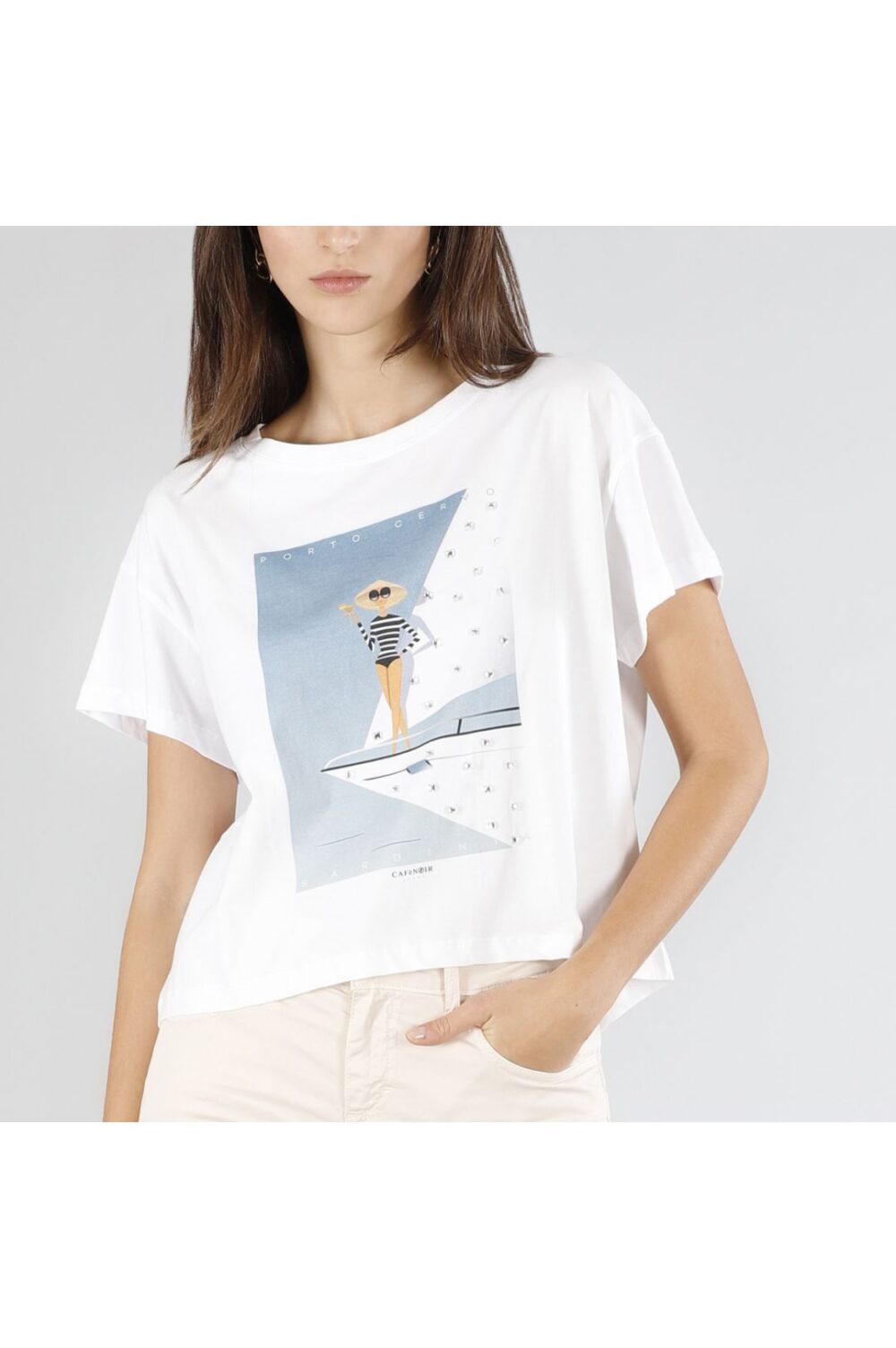 T-shirt a scatolina manica corta stampa Porto Cervo bianco